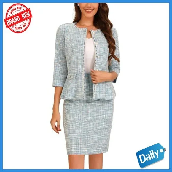 Tweed Skirt Suit Set 3/4 Sleeve Jacket Elastic Waist Pencil Skirt - Picture 2 of 7